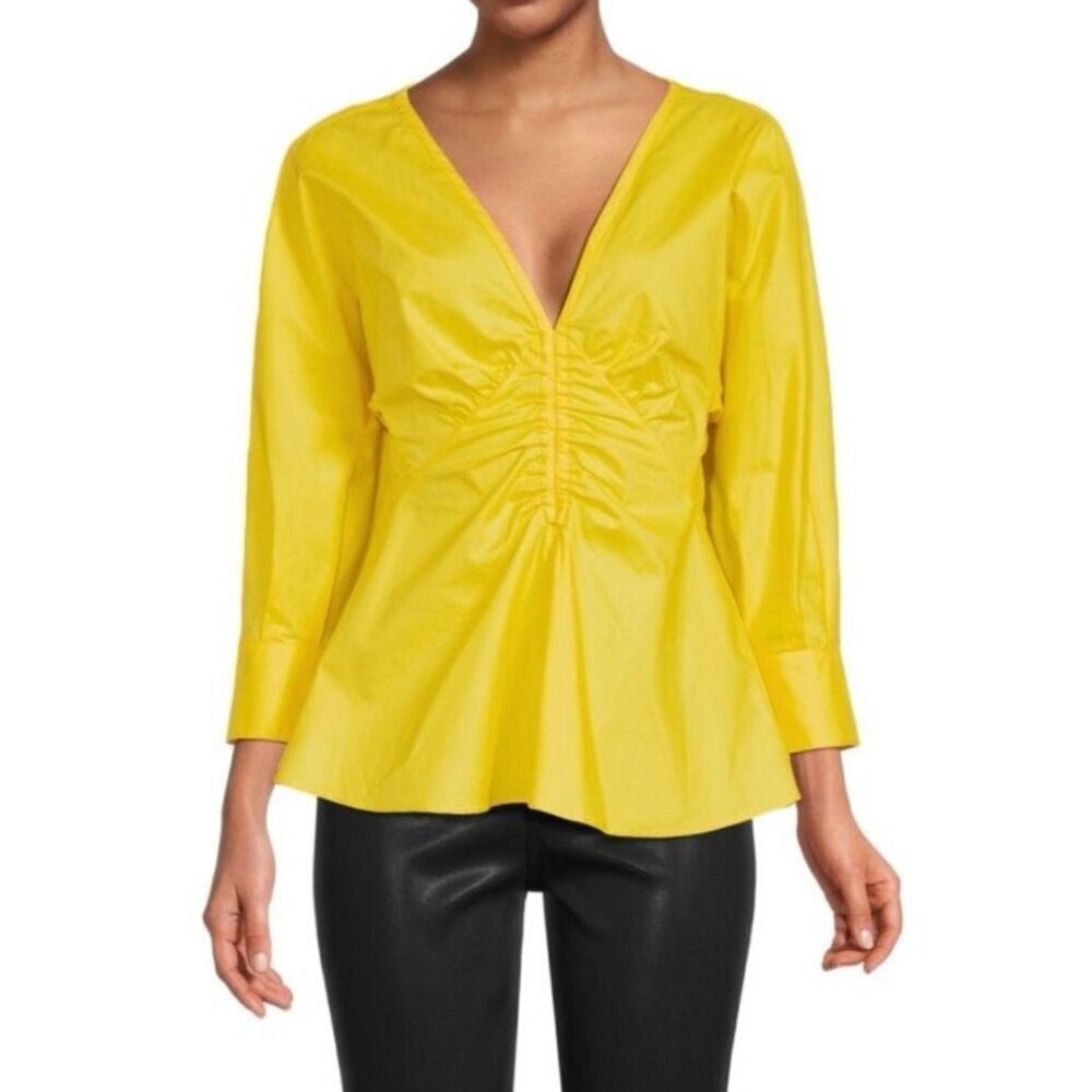 Proenza Schouler White Label Women's 8 Poplin V-Neck Top Bright Yellow Peplum